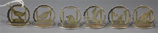 A set of six modern parcel gilt silver game bird menu holders, J.A. Campbell, London, 1987, 30mm.